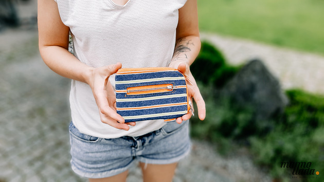 portfele damskie Marmollada - portfel z jeansu w paski z pomarańczowym zamkiem