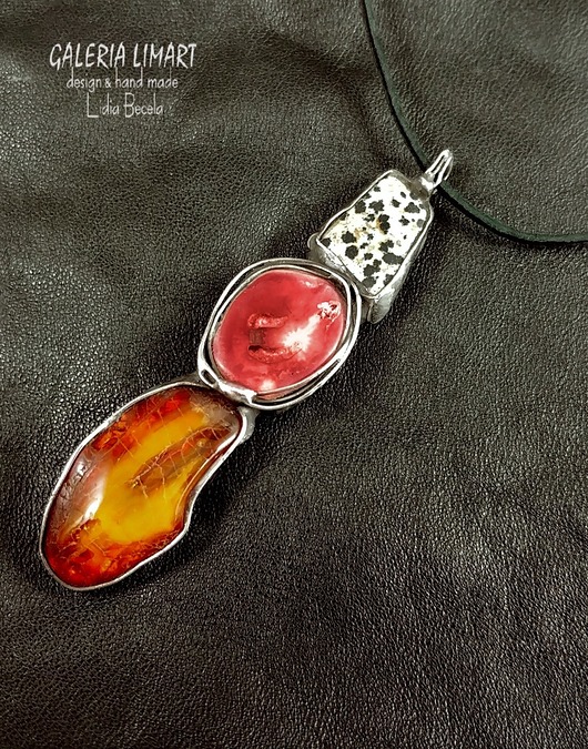 Bursztyn, koral i jaspis, wisior unikat handmade Galeria Limart
