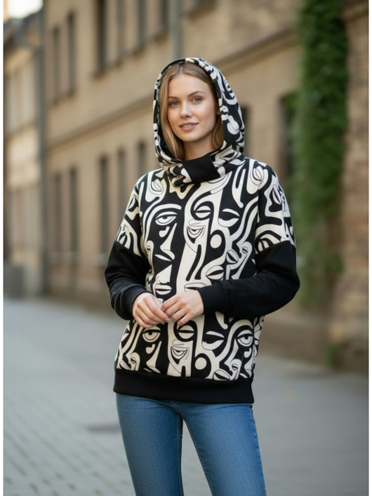 bluza z kapturem damska Bluza oversize Guna czarno-białe twarze Rozmiar M-L