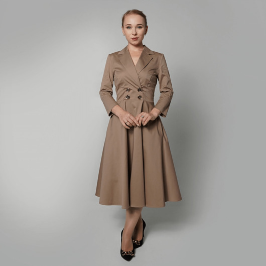 sukienki midi damskie Elegancka sukienka marynarkowa dwurzędowa rozkloszowana beżowa