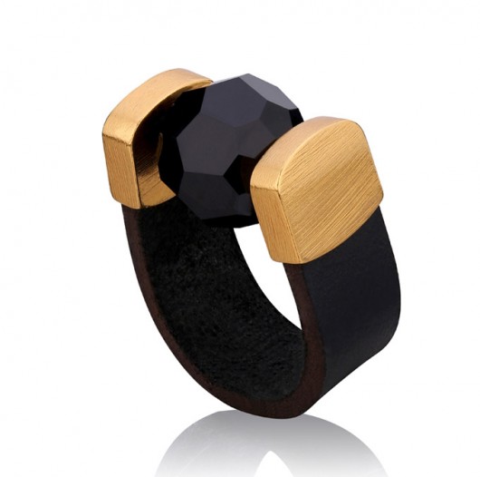 Black Crystal Leather Ring in Gold Joccos Design
