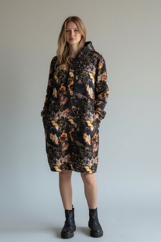 sukienki midi damskie Sukienka bluza dresowa Dharana z czarno-złotymi różami, rozmiar L