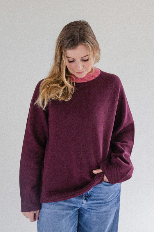 swetry damskie  BARIBAL RWS - bordowy sweter oversize a la bluza wełniana - 100% merino XS-S