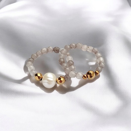 pierścionki elastyczne Zestaw pierścionków : agat szary, perła, złoty hematyt