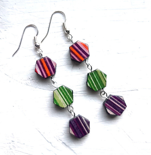 kolczyki drewniane Heksagony w paski