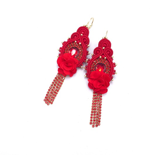 kolczyki soutache Kolczyki sutasz czerwone wieczorowe błyszczące z cyrkoniami Joy