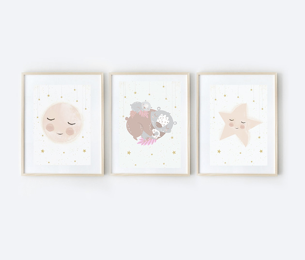obrazy i plakaty do pokoju dziecięcego 3 ilustracje pudrowy róż A3