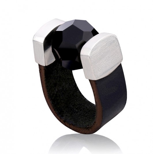 Black Crystal Leather Ring in Silver Joccos Design