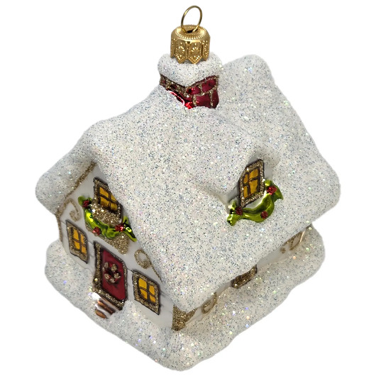 bombki Ręcznie malowana szklana bombka biały świąteczny domek ze złotymi wzorami