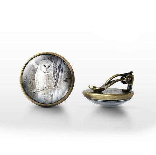 klipsy Klipsy - Biała sowa - antyczny brąz