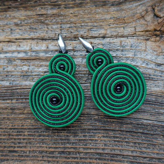 kolczyki soutache Zielono- czarne spirale  kolczyki soutache