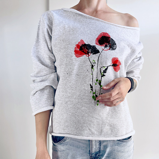 bluza bez kaptura damska Maki tusze Szara bluza cięta Bez ściągaczy