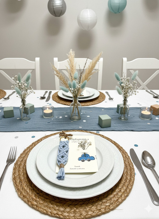 zaproszenia i kartki na ślub Podziękowania na baby shower, breoloczek makrama niebieski