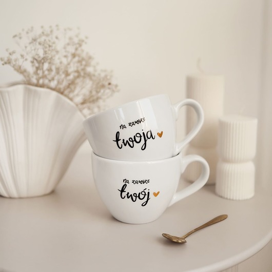 kubki Zestaw 2 Białych Kubków Porcelanowych 500 ml - Napisy Na Zawsze Twój Na Zawsz