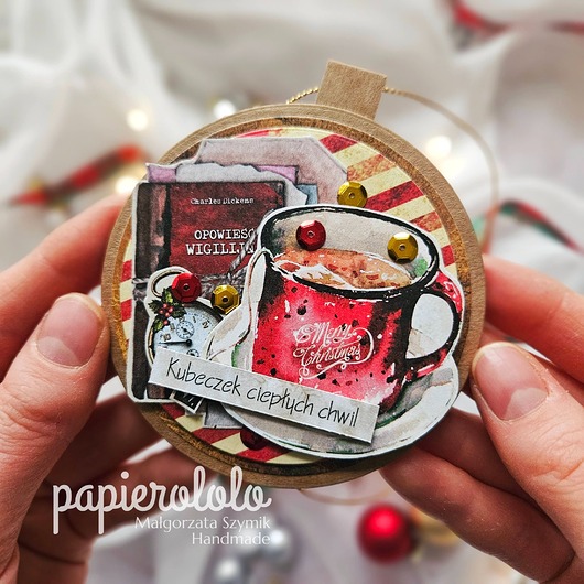 kartki świąteczne Kartka zawieszka do prezentu bombka z kubeczkiem ciepłych chwil