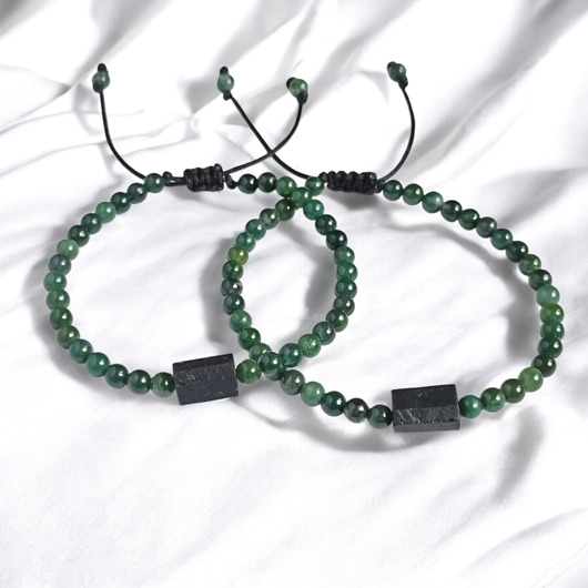 bransoletki z kamieni naturalnych KOMPLET dla PARY : agat mszysty & czarny turmalin : dł.regulowana