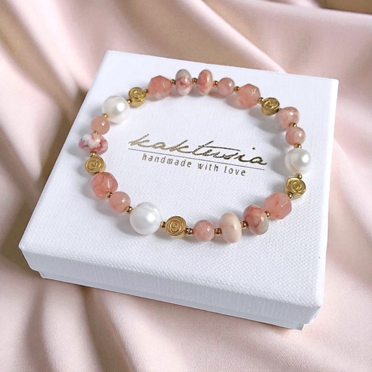 bransoletki z kamieni naturalnych NUDE : cielista bransoletka : mix kamieni i perły : ROZMIAR M