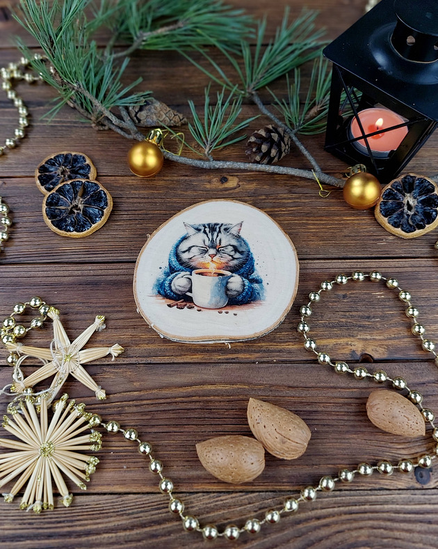 ozdoby choinkowe Brzozowa podkładka pod kubek, świąteczna zawieszka - zimowy kot