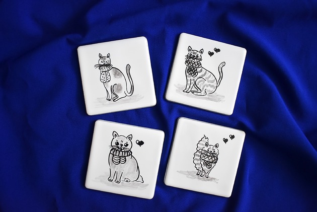 podkładki do kuchni Kafle ręcznie malowane- podkładki ceramiczne koty