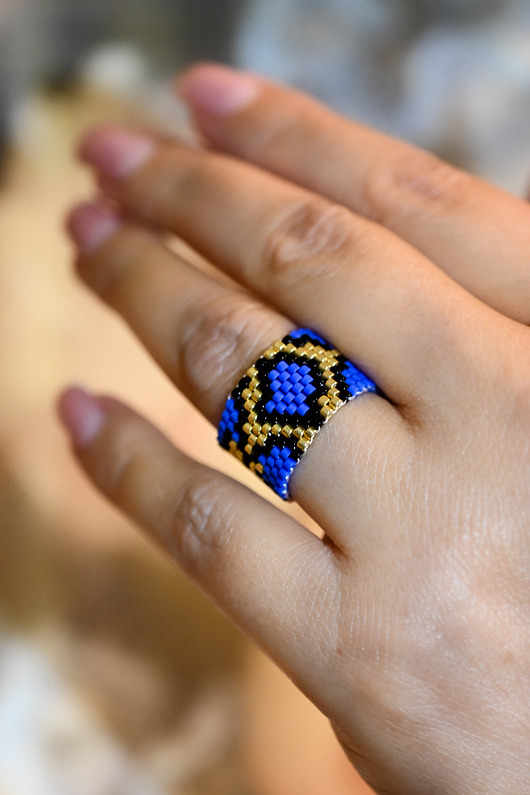 pierścionki - różne Kobaltowy pierścionek we wzór węża handmade, ręcznie pleciony