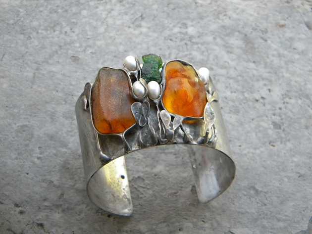 bransoletki wire wrapping Bursztyn w zaroślach -  bransoleta mankiet CUFF
