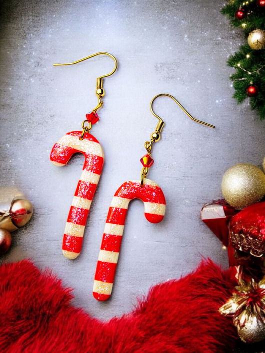 kolczyki z masy plastycznej Świąteczne kolczyki cukrowe laski candy cane handmade
