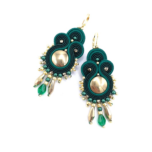 kolczyki soutache Marengo kolczyki sutasz z hematytem złoto zielone eleganckie z frędzlami