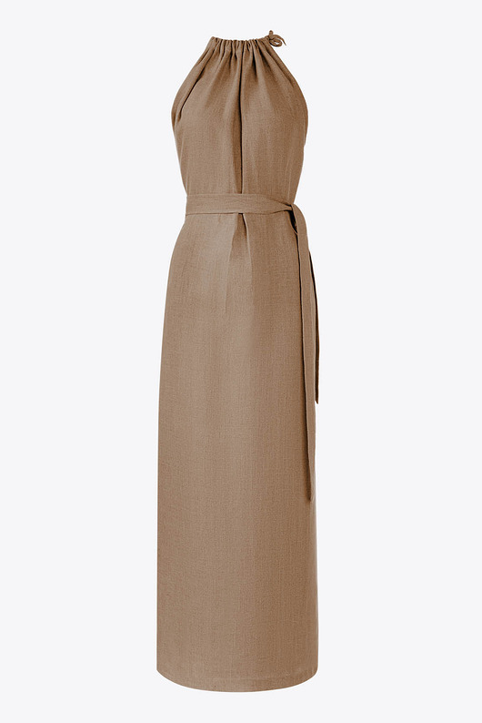 sukienki maxi damskie Lniana sukienka elegancka maxi - Amalfi Karmelowy