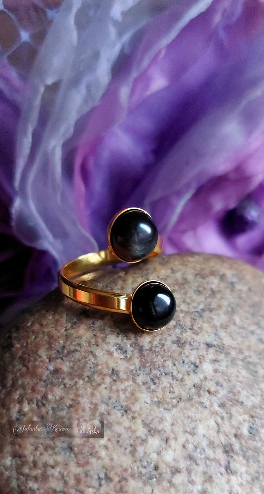 pierścionki złote Turmalin Obsydian Pierścionek Srebro 24K złoto