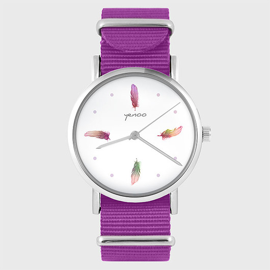 zegarki damskie Zegarek - Kolorowe piórka - amarant, nylonowy