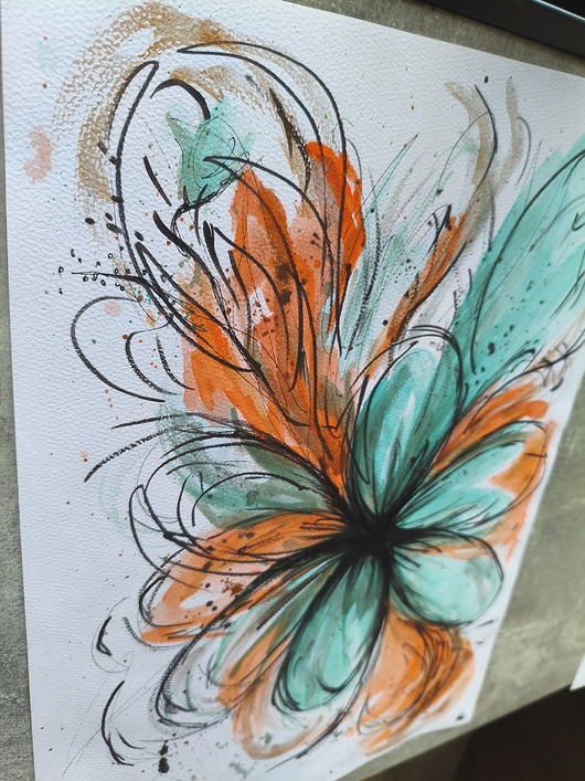 grafiki i ilustracje Abstrakcja Nowoczesna Kwiat Jesień Obraz Akwarela Turkus Pomarańcz A3 30x42