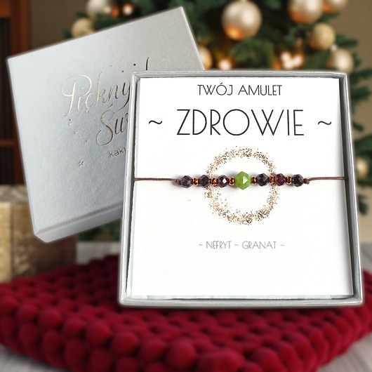 bransoletki z kamieni naturalnych Amulet - ZDROWIE - świąteczne pudełko - NEFRYT, granat