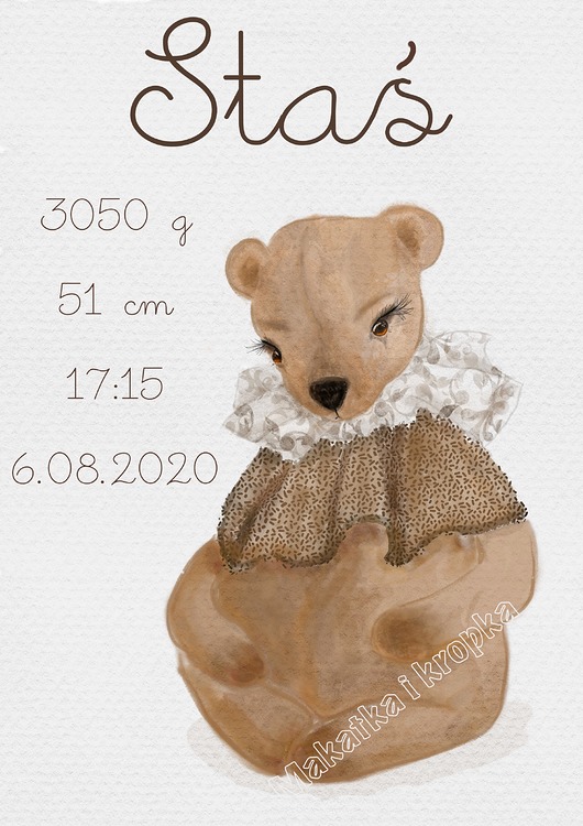 obrazy i plakaty do pokoju dziecięcego Metryczka Plakat z misiem styl retro vintage