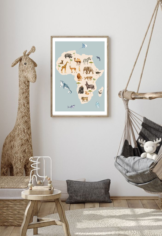 obrazy i plakaty PLAKAT do pokoju dziecka, mapa zwierzęta Afryki, safari ilustracja