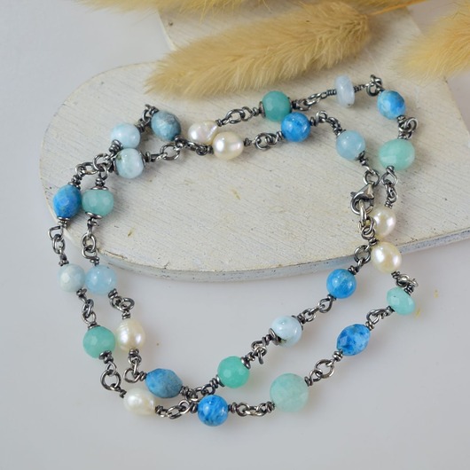 srebrne naszyjniki Mix kamieni niebieski - srebrny naszyjnik