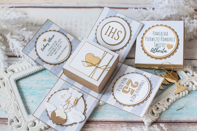 kartki scrapbooking Pamiątka Pierwszej Komunii Świętej, exploding box