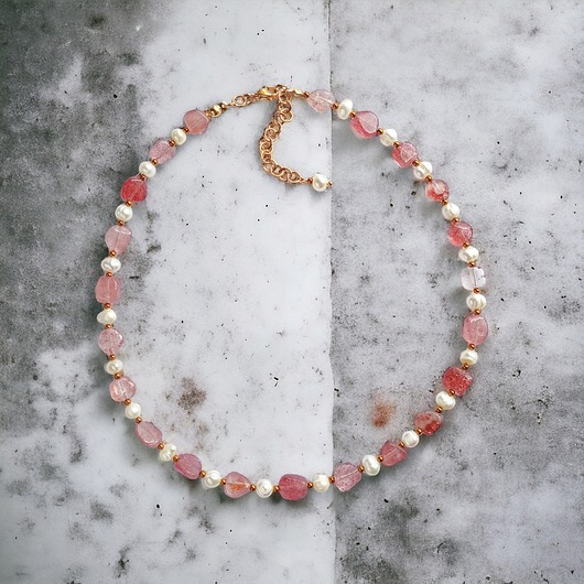 chokery Kwarc truskawkowy & PERŁY - naszyjnik.