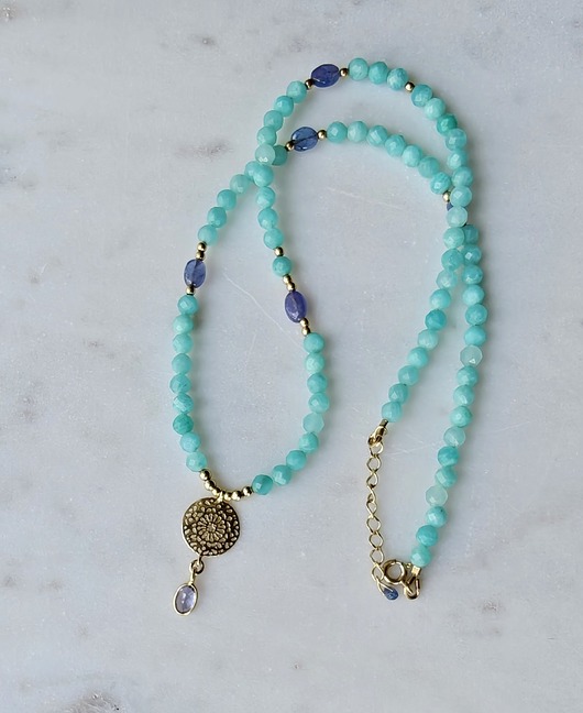 złote naszyjniki Lśniący tanzanit z amazonitami, ekskluzywny naszyjnik