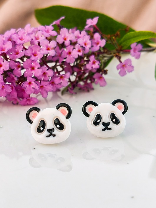 kolczyki z masy plastycznej Kolczyki pandy, małe kolczyki z pandami, dla miłośnika zwierząt, boho