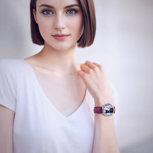 zegarki damskie Zegarek - Czarny kot - skórzany, burgund