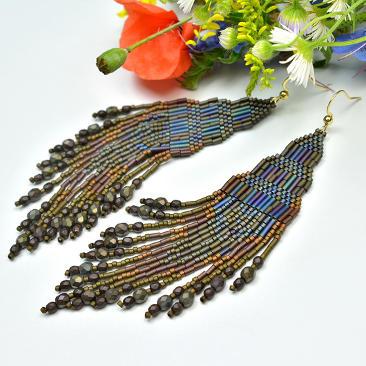 kolczyki szklane Nindhan, brązowo-niebieskie "indiańskie" kolczyki, beading