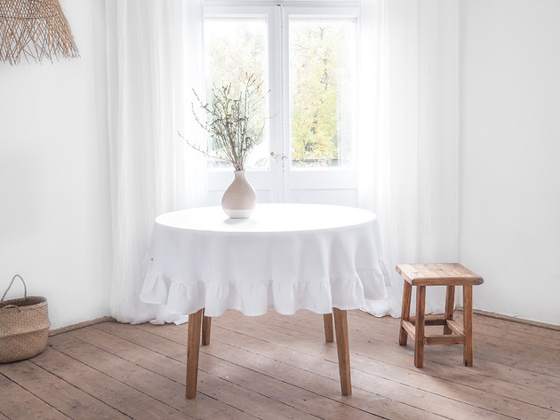 obrusy i serwetki Obrus okrągły z falbanką heavy linen PURE WHITE