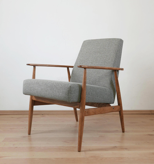 fotele Szary Fotel Lisek PRL, Typ 300-190, Po renowacji. Naturalna tkanina włoska