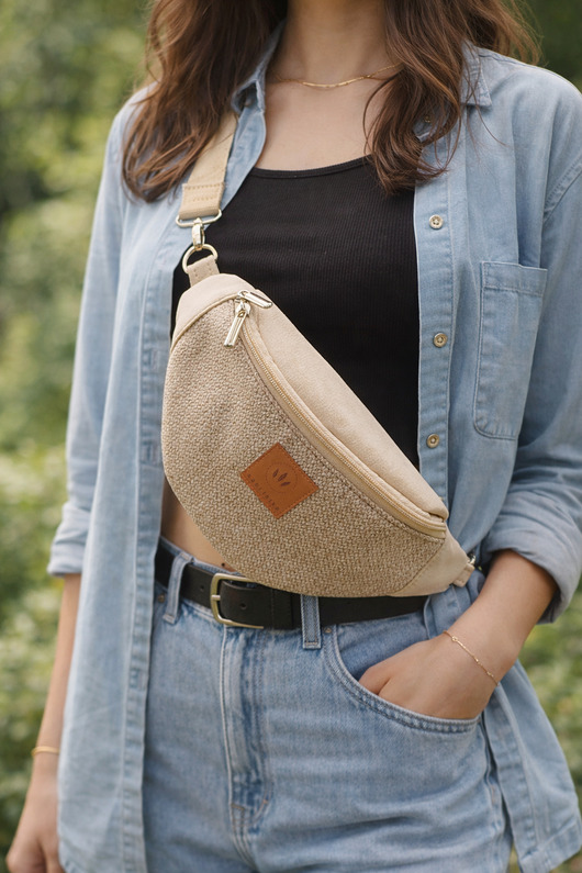 saszetka nerka Nerka damska z nubuku i plecionki Beżowa