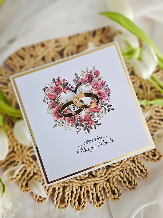zaproszenia i kartki na ślub Ślubna kartka do koperty z obrączkami na zamówienie