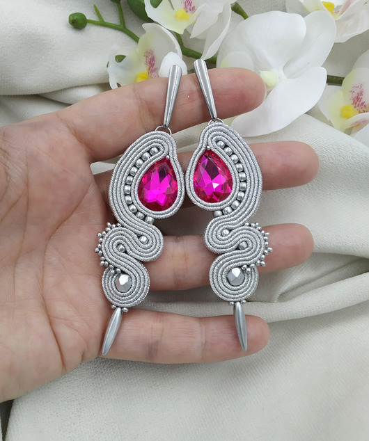 kolczyki soutache Długie kolczyki sutasz na wesele, srebrne kolczyki sutasz