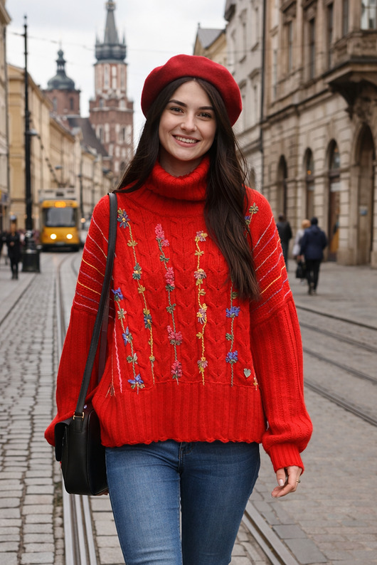 swetry damskie  Czerwony sweter z golfem i haftami, rozmiar L/XL