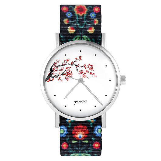 zegarki damskie Zegarek - Kwitnąca wiśnia - folk czarny, nato