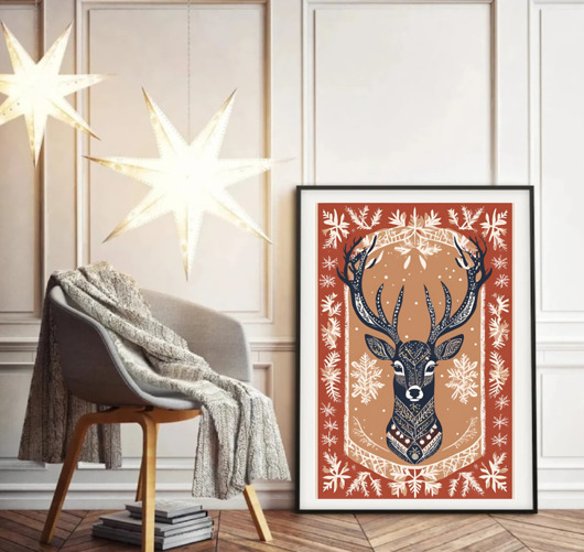 grafiki i ilustracje PLAKAT świąteczny, zimowa skandynawska ilustracja, jeleń