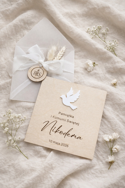 kartki na komunię Kartka na pamiątkę I Komunii Świętej DREWNIANA